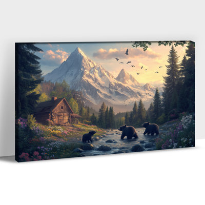 Bear Canvas Wall Art Majestic Grizzly Bear Forest Stream Mountain Cabin Wildlife Nature Canvas Prints Bear Pictures Wall Decor Animal Poster Picture for Living Room Bedroom Home Decoration, 12×18 Inches