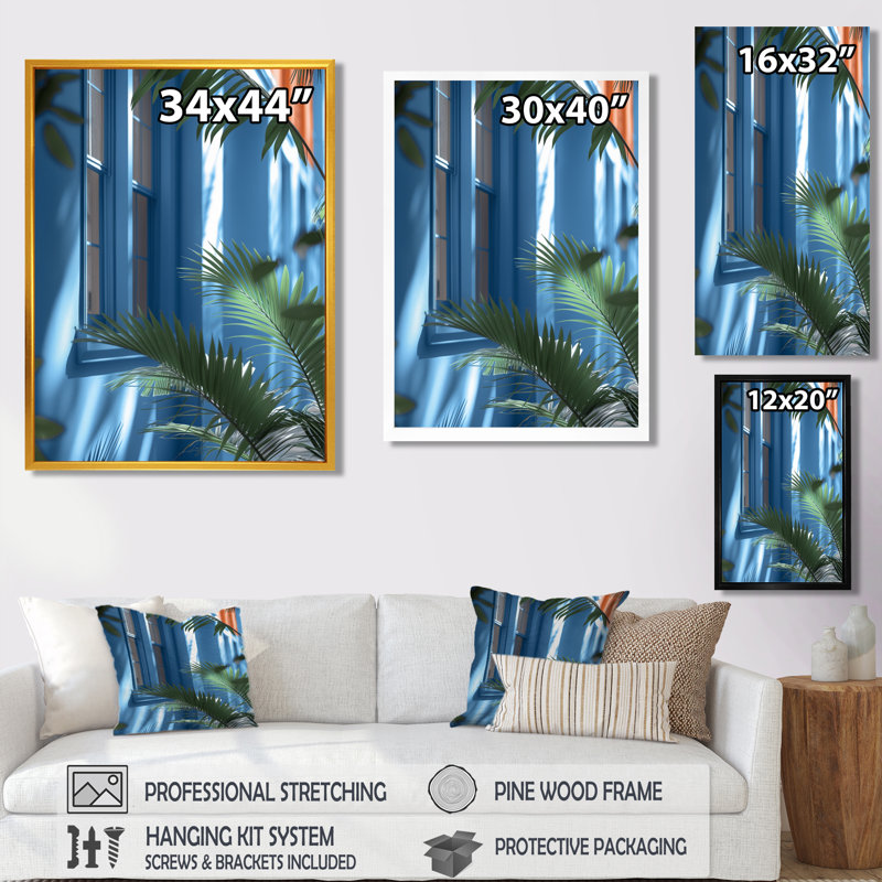 Impression d'art mural bleu et vert Urban Oasis Hotel - hôtels et loges, Cadre simple blanc, H 16 po x l 32 po