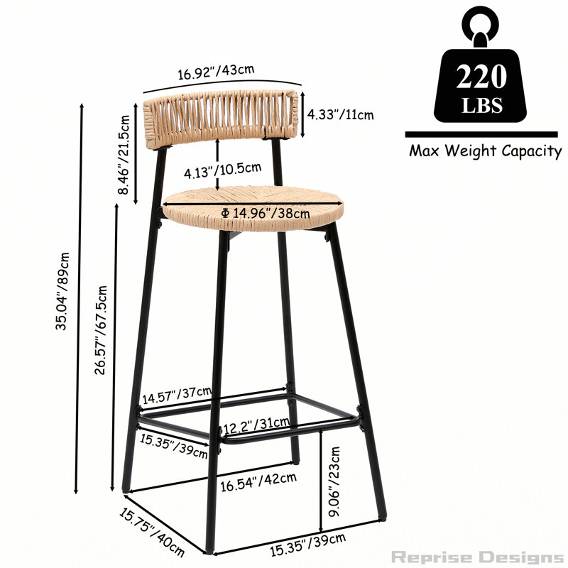 Paper Rope Round Bar Stools with Back Set of 2, Honey