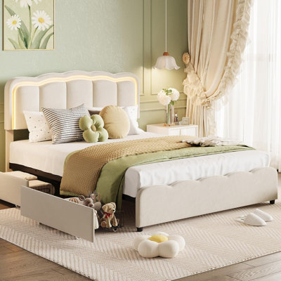 Cadre de lit double à DEL pour enfants, revêtu de velours, 2 tiroirs de rangement, beige
