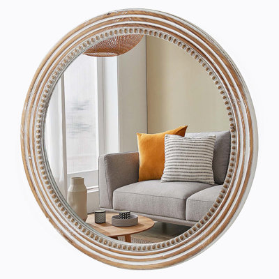Rustic Round Wall Mirror, 23.62 Inches Wood Circle Mirror with Beads, Decorative Farmhouse Mirror for Living Room, Bedroom, Kitchen, Entryway