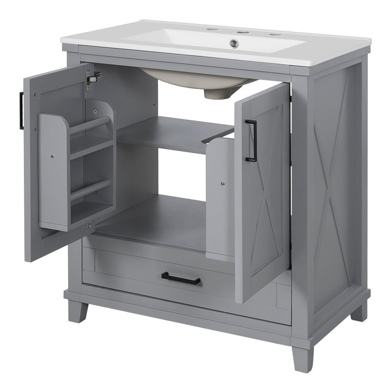 Meuble-lavabo autoportant de 30 po avec comptoir en céramique, Gris