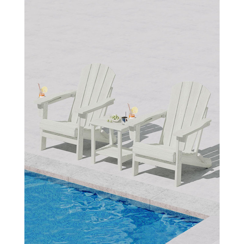 4PCS Folding Adirondack Chair Set of 2 with Side Table, All-Weather HDPE Outdoor Chair, Wooden Textured with Cup Holder for patios, Decks, Gardens, fire pits