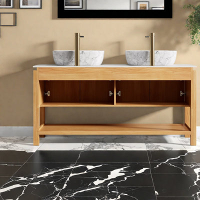 Meuble-lavabo moderne de 60 po avec lavabo en bois durable et motif en marbre, idéal pour les maisons spacieuses
