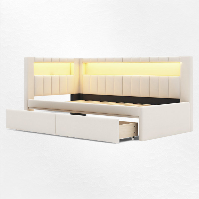 Upholstered Daybed With Drawer, Twin, White