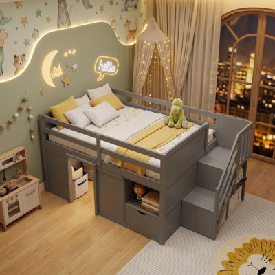 Lit mezzanine bas Bennett Kids avec escalier intégré, tiroir de rangement, tablette et lumières DEL | Fabrication en bois massif