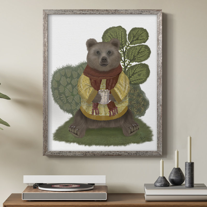 Reproduction encadrée d'ours chocolat chaud - bois massif, H 15 po x l 12 po