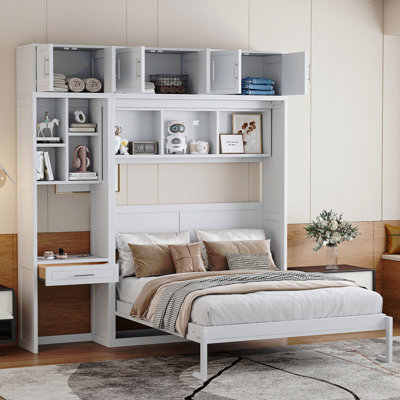 Grand lit escamotable mural avec bureau, armoire supérieure et tablettes de rangement, lit pliant peu encombrant
