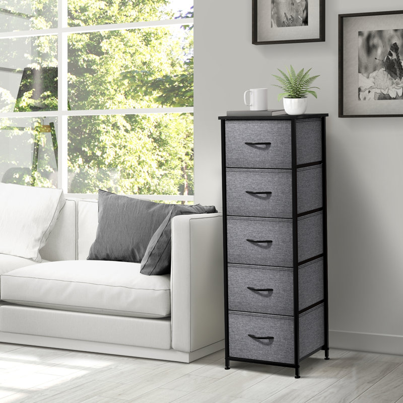 Sorbus Narrow 5 Drawers Nightstand - Steel Frame, Wood Top, Fabric Bins - Black, Black
