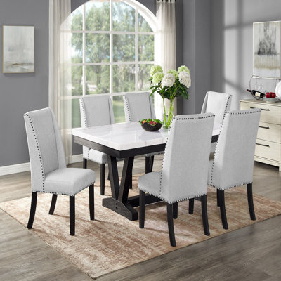 Ensemble de salle à manger 7 pièces Ensemble de salle à manger en marbre véritable blanc de style contemporain avec dessus rectangulaire gris tourterelle et revêtement en bois massif