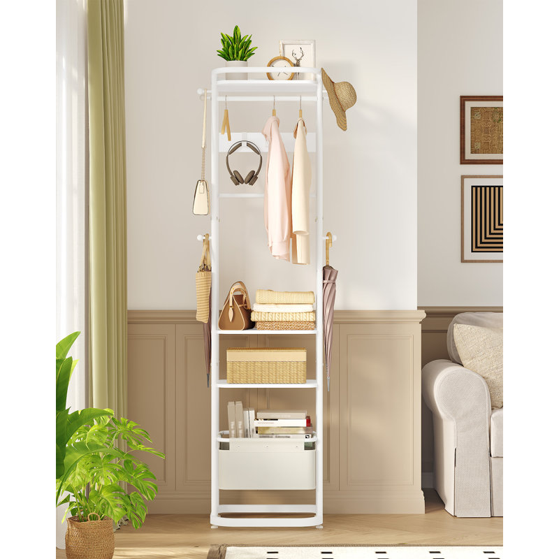 Coat Stand, Wooden Coat Rack with 3 Shelves and 11 Hooks, Freestanding Clothing Tree Hall Organiser, for Scarves, Shoes, for Bedroom, Hallway, Living Room