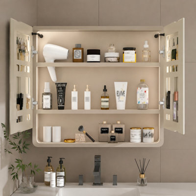 Armoire à pharmacie de salle de bain à DEL de 35 pouces avec miroir, armoire à miroir en aluminium avec désembueur, éclairage 3 couleurs, organisateur de maquillage, support pour sèche-cheveux et rangement mural