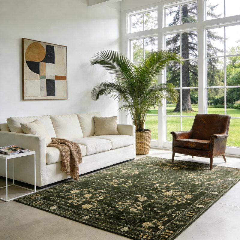 8x10 Area Rug for Living Room, Vintage Retro Boho Rug, Washable Non Slip & Low Pile Carpet for Living Room, Bedroom, Dining Room, Green