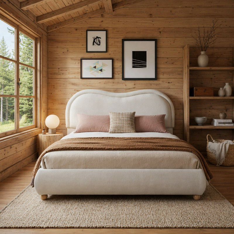 Issabell Upholstered Platform Bed With Wood Slats, Queen, Beige