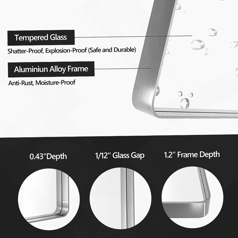 22X30 Inch Brushed Nickel Aluminium Frame Bathroom Mirror, Brushed Nickel, 30" x 22"