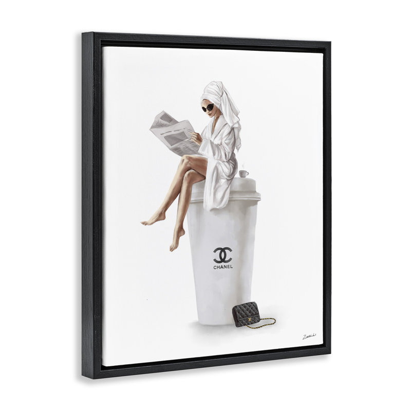 "Chic Fashion Coffee & Purse Femelle", art mural encadré par Ziwei Li, Cadre flottant noir de jais