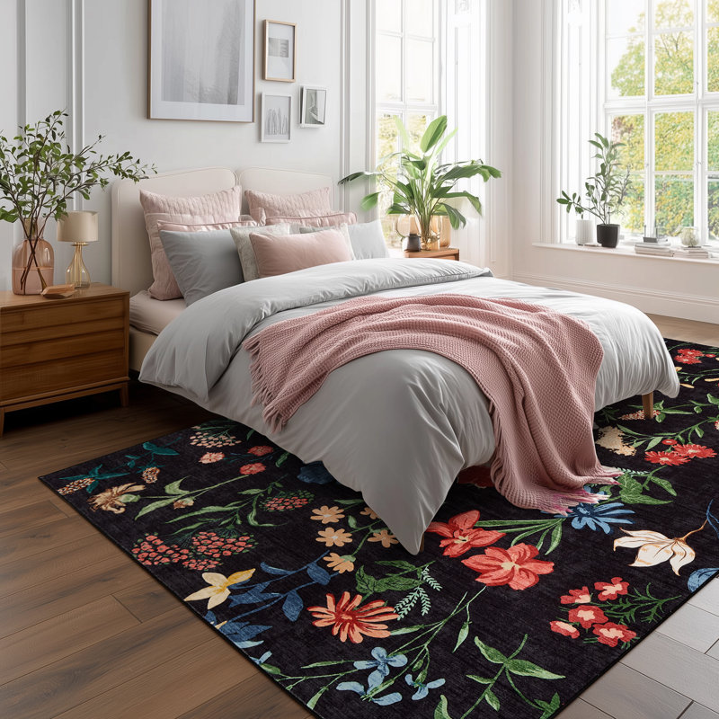 Area Rug for Living Room, Floral Washable Rugs, Low Pile, Soft Non-slip Vintage Carpet for Bedroom, Kitchen, Dining Room, Office