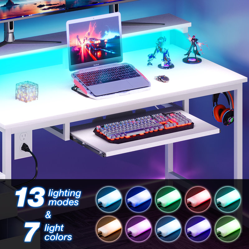 Harleysville Gaming Desk with Led Lights and Built-in Power Socket,Reversible Desk with Monitor Shelf and Cabinet ,Computer Desk with Pull-out Keyboard Tray