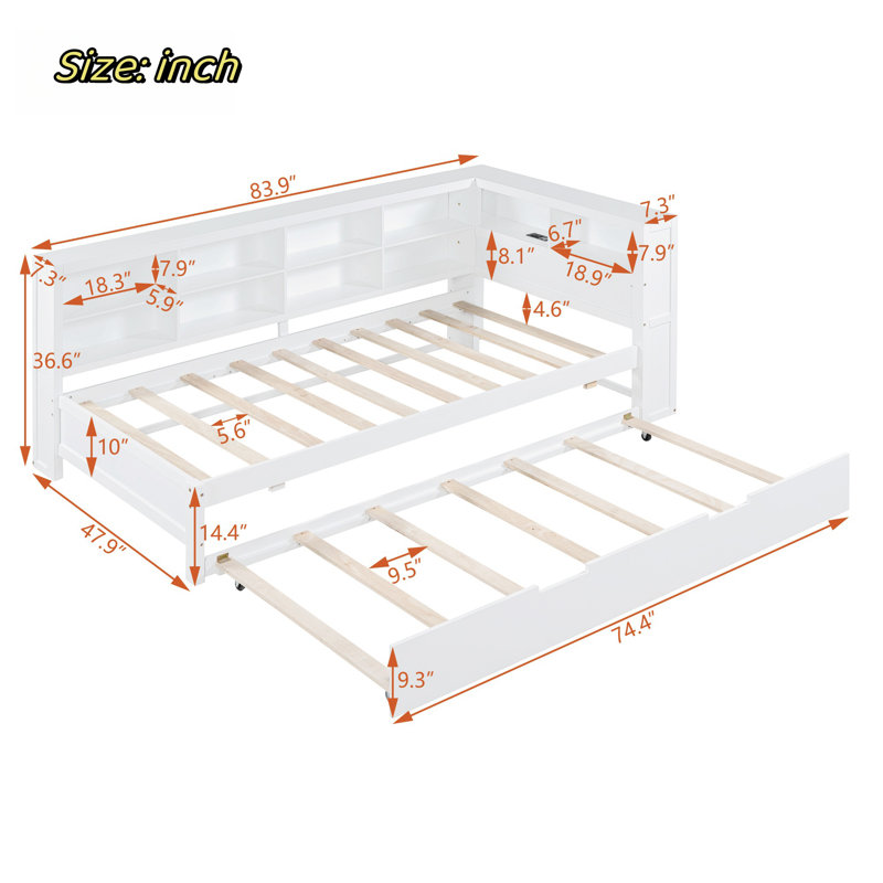 Hanin Wood Daybed with Trundle, Storage Shelves and Charging Station, Twin, White