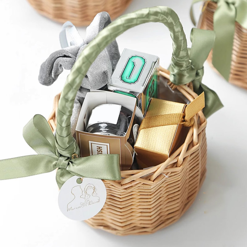 Paniers de fille de fleur avec poignée de perle et nœud - élégant mariage, cadeau de Noël et panier d'Halloween pour les filles, décoration en rotin tissé à la main