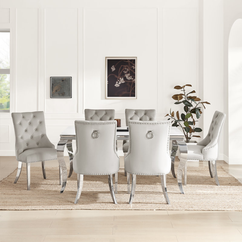 Bilche Rectangular White Marble Glass & Metal Table With Eubanks Velvet Knockerback Chairs, 6