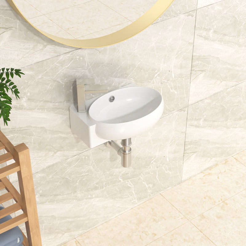 16" L X 11" W Wall Mounted Bathroom Sink Oval White Ceramic Bathroom Sink Wall Hung Ceramic Sink, Left