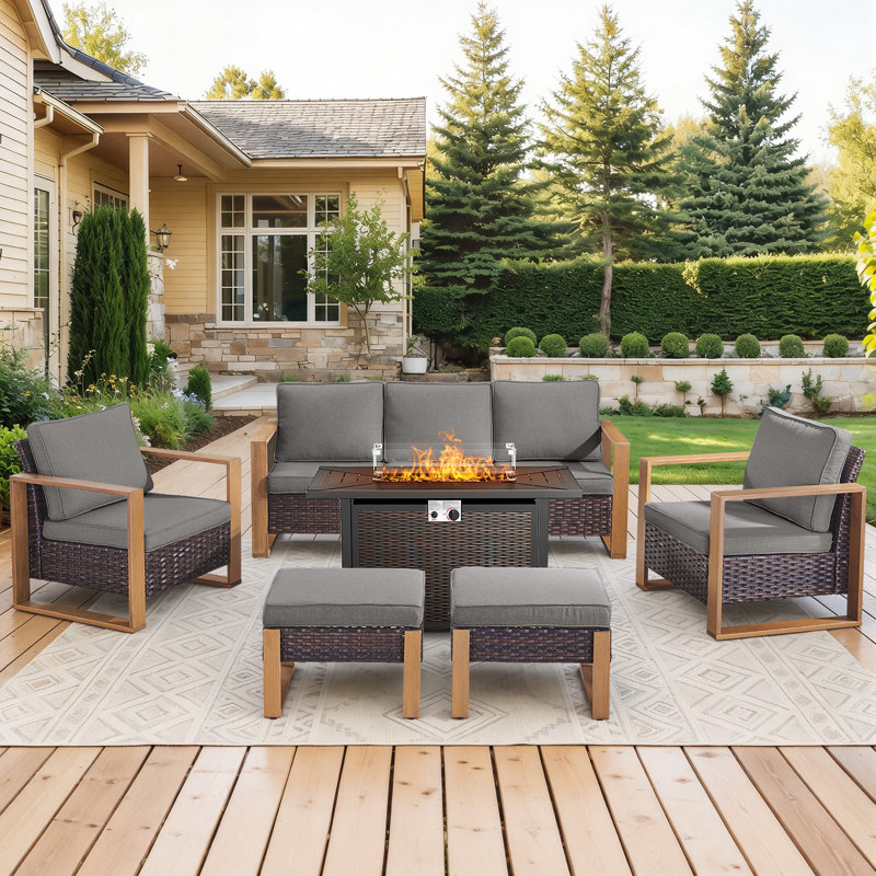 Drazen 7 - Person Patio Furniture Set With Fire Pit Table, All-Weather Wicker Outdoor Conversation Set With Chair And Thick Cushions