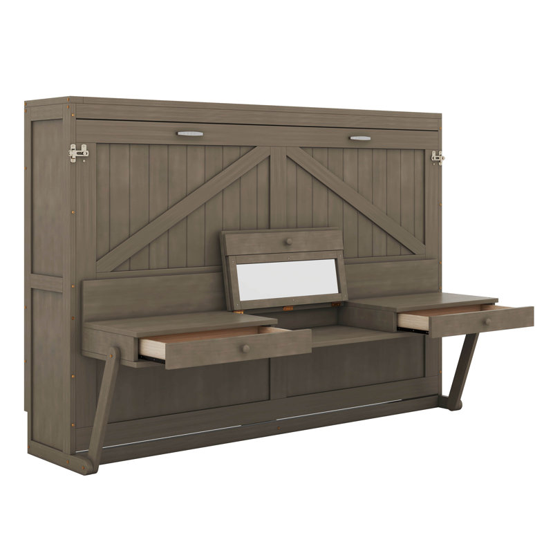 Lit escamotable avec bureau de coiffeuse, miroir central et 2 tiroirs latéraux, Gris