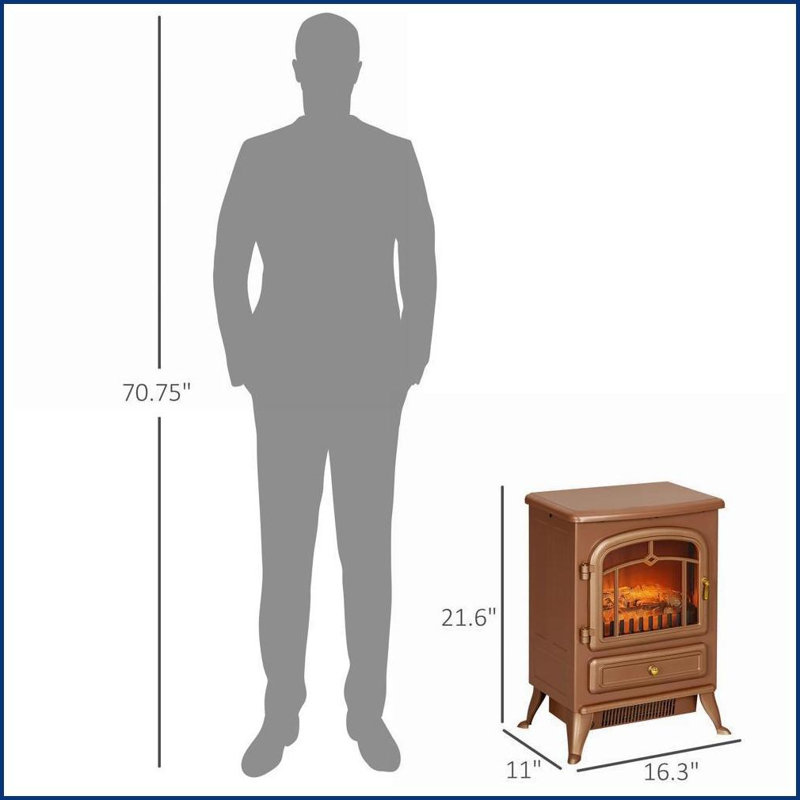 Foyer électrique chauffant, poêle autoportant avec flammes DEL et amp; Bûches | 750 W / 1500 W, protection contre la surchauffe | Brun foncé | Métal