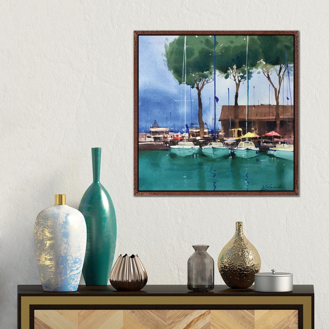 Yachten am Pier in Italien. Gardasee von Andrii Kovalyk - Galerie-verpackte Leinwand Giclée auf Leinwand