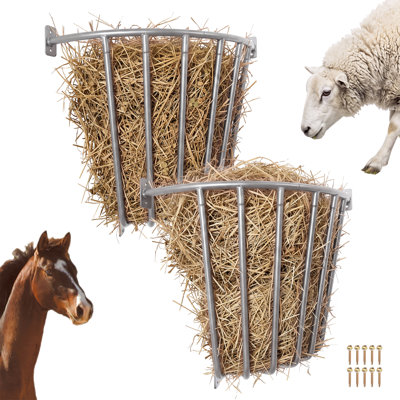 Lot de 2 mangeoires à foin pour chèvres, mangeoire grande capacité de 75 cm de long, râtelier mural robuste en acier galvanisé pour chevaux et moutons, utilisation intérieure et extérieure, argent