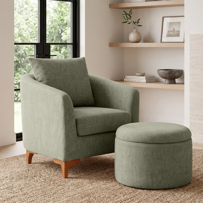 Upholstered Barrel Chair With Footstool, Sage Green Chenille