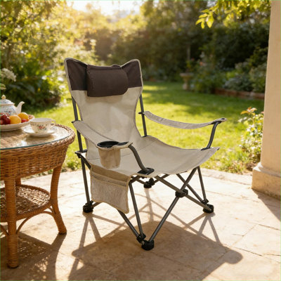Portable Folding Camping Chair, Beige-Toned Three-Level Adjustable Recline For Outdoor Recreation