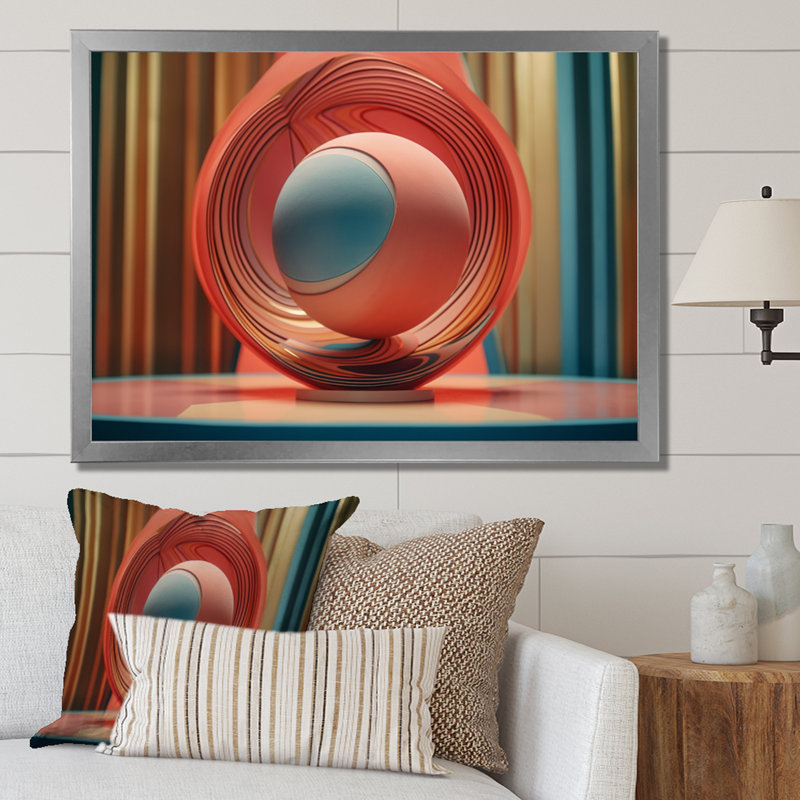 Abstrait Shere In Retrofuturistic Pink and Blue I - Paysage abstrait, art mural sur toile, 34" H x 44" W, Gold Floater Framed
