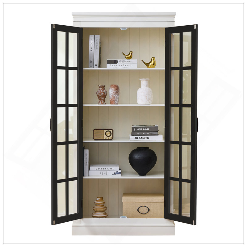 71.2'' Freestanding Glass Door Pantry, Farmhouse Style Display Cabinets, Curio Cabinet With Lattice Window For Hallways, Livingroom Kitchen & Office, White & Balck