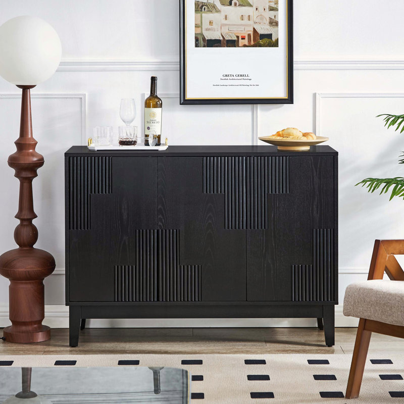 Mid Century Modern Vertical-Stripe Buffet, Black
