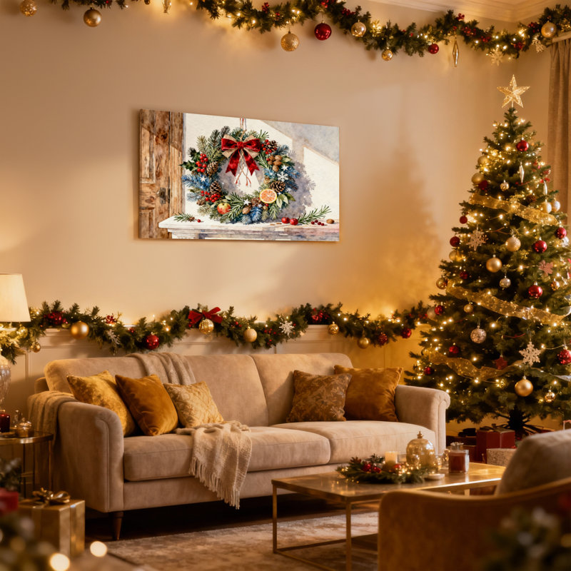 Couronne de Noël de Noël avec un arc rouge et des baies, ensemble de 3 impressions d'art sur toile, H 16 po x l 24 po