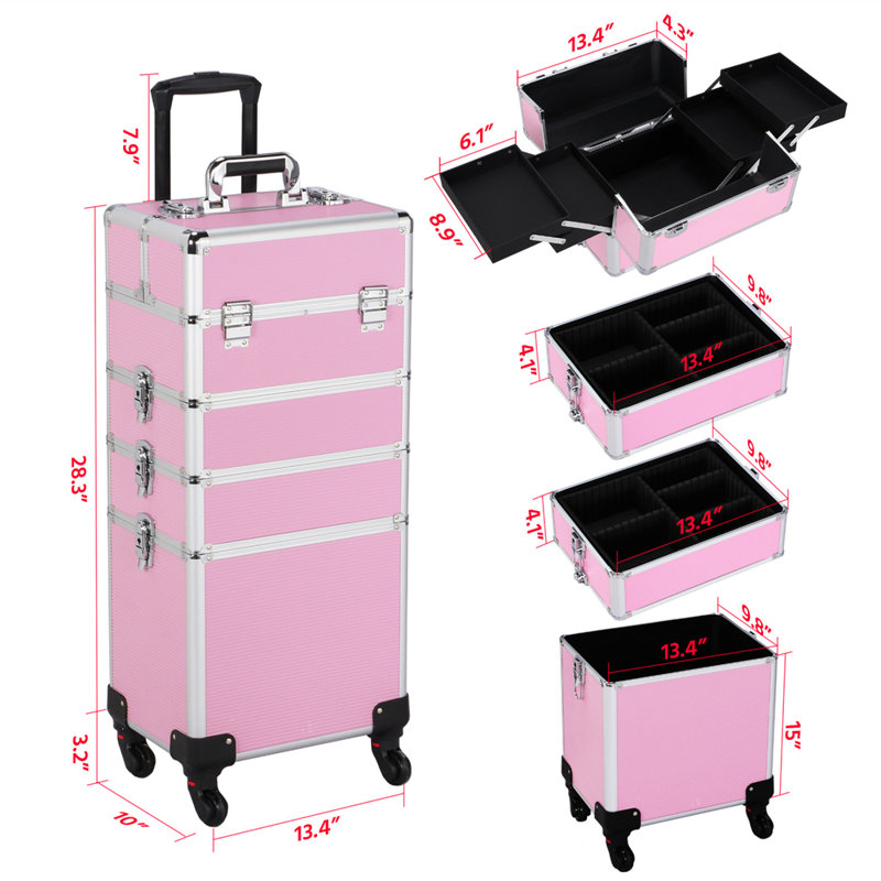Trousse de maquillage à roulettes 4 en 1 Abrams Professional, Rose