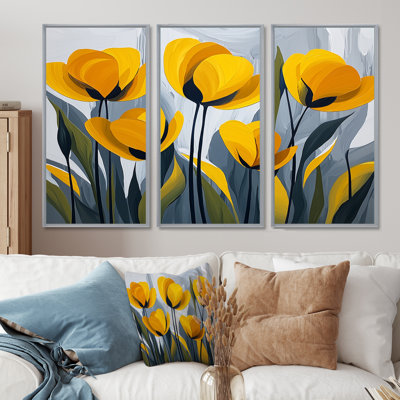 «Yellow Poppies Field In The Breeze I», art mural coquelicots - 3 pièces