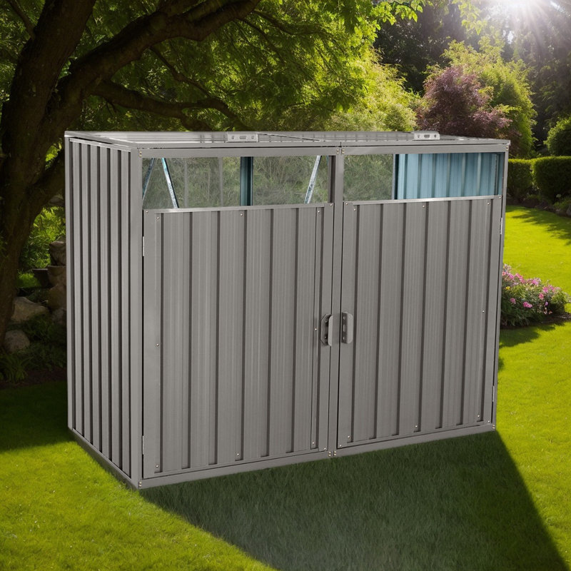 Metal Outdoor Garbage Bin Shed with Lockable Doors and Lift-Up Lids, Galvanized Steel Storage for Garden or Yard, Gray