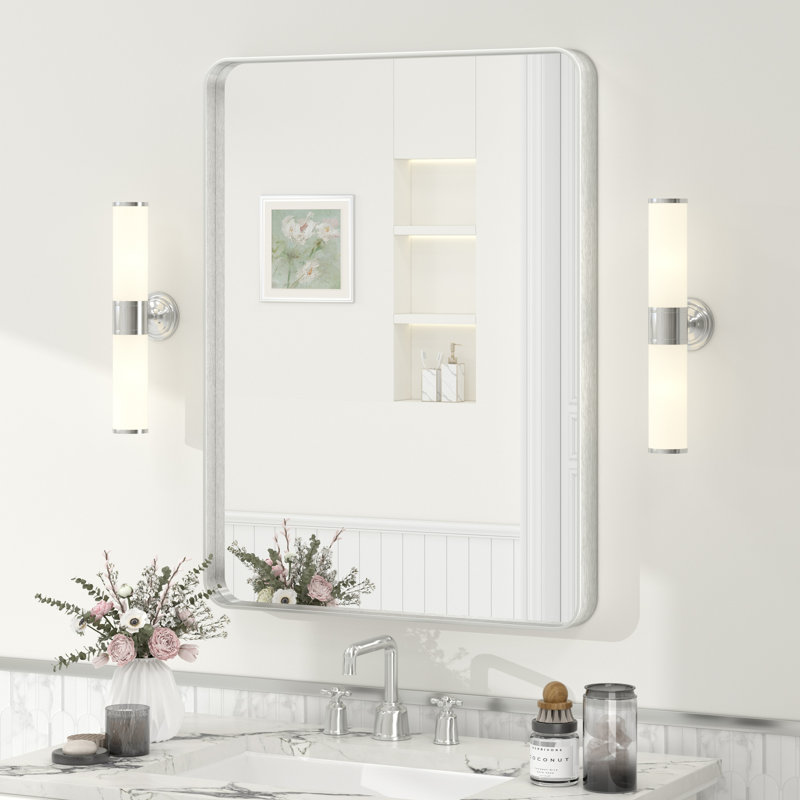 Miroir de salle de bain mural en verre trempé et métal Molly, 32 po x 24 po, Argent argent, Rectangle(Rounded Corner)