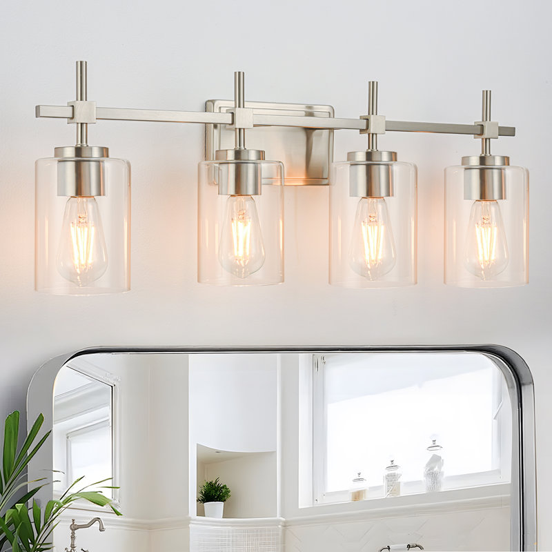 Aviara Dimmable Bathroom Vanity Light Modern Wall Sconce Clear Glass Shade, Clear Glass, 4, Brushed Nickel