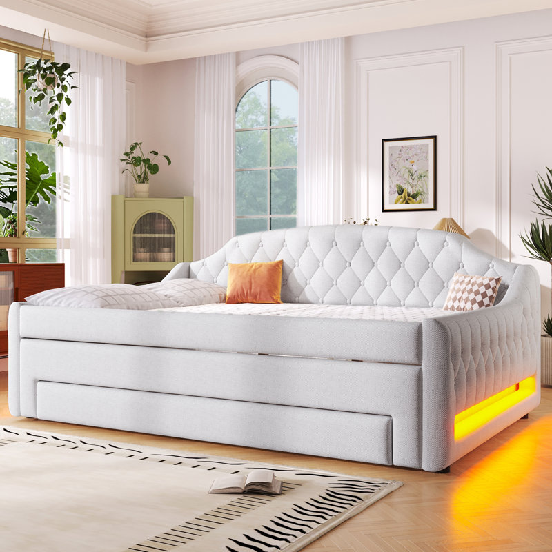 Upholstered Full Size Daybed with LED Belt, Trundle and Three Drawers, Beige, Beige