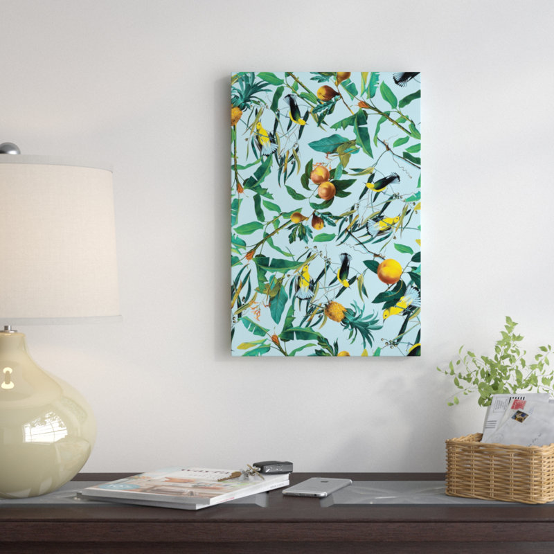"fruits et oiseaux" , impression sur toile tendue, H 26 po x l 18 po x P 1,5 po, Toile avec cadre flottant noir, Pas de tapis