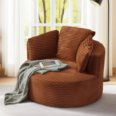 Fauteuil demi-tonneau rembourré en velours côtelé 49 po Lozena, chaise longue à compression ronde surdimensionnée, aucun assemblage requis