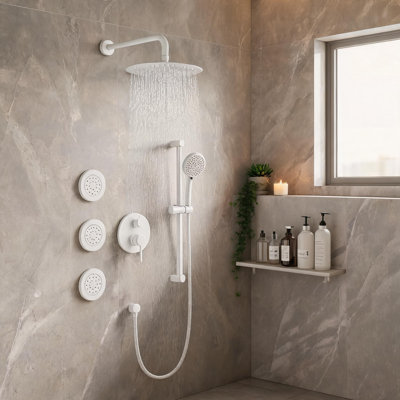Système de douche mural complet en laiton blanc avec pomme de douche à main et barre de douche