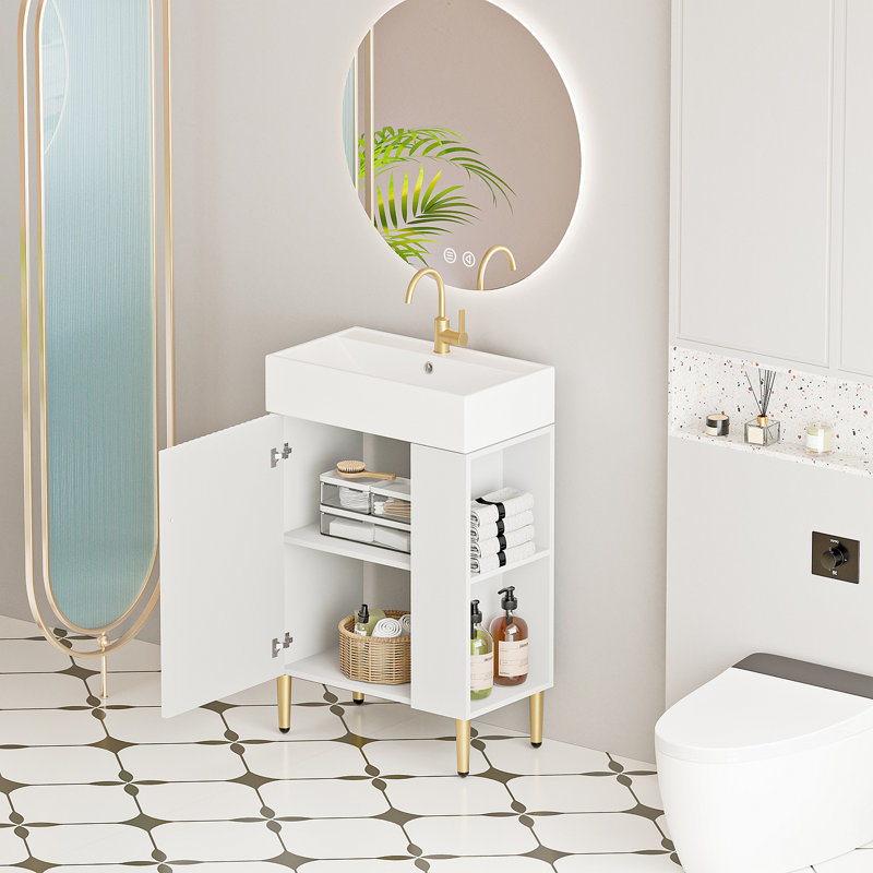 Meuble-lavabo à tablettes ouvertes de 21,6 po avec lavabo en céramique et porte à fermeture douce, armoire de rangement à tablettes ouvertes sur le côté droit, assemblage requis, blanc 24VB06-21WHR