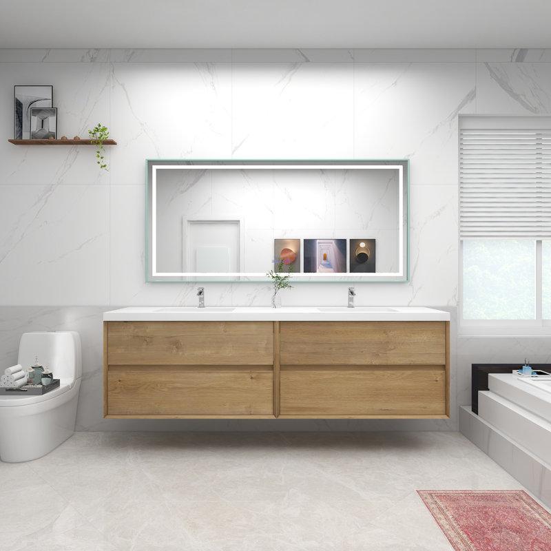Ensemble de meuble-lavabo double mural 84 po Asaya, Chêne foncé