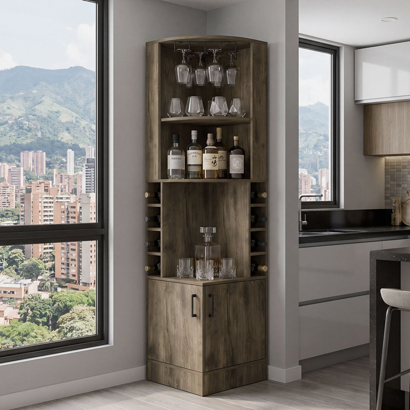Bar d'angle Aspen Kava avec rangement pour bouteilles de vin, porte-verres à pied et tablettes - brun foncé, Brun foncé