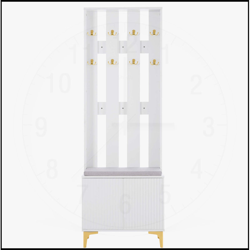 Portemanteau 4-en-1 de luxe moderne avec coussin, portemanteau polyvalent avec 8 crochets et pieds, banc d'entrée avec tablettes réglables et portes cannelées pour le couloir et le salon